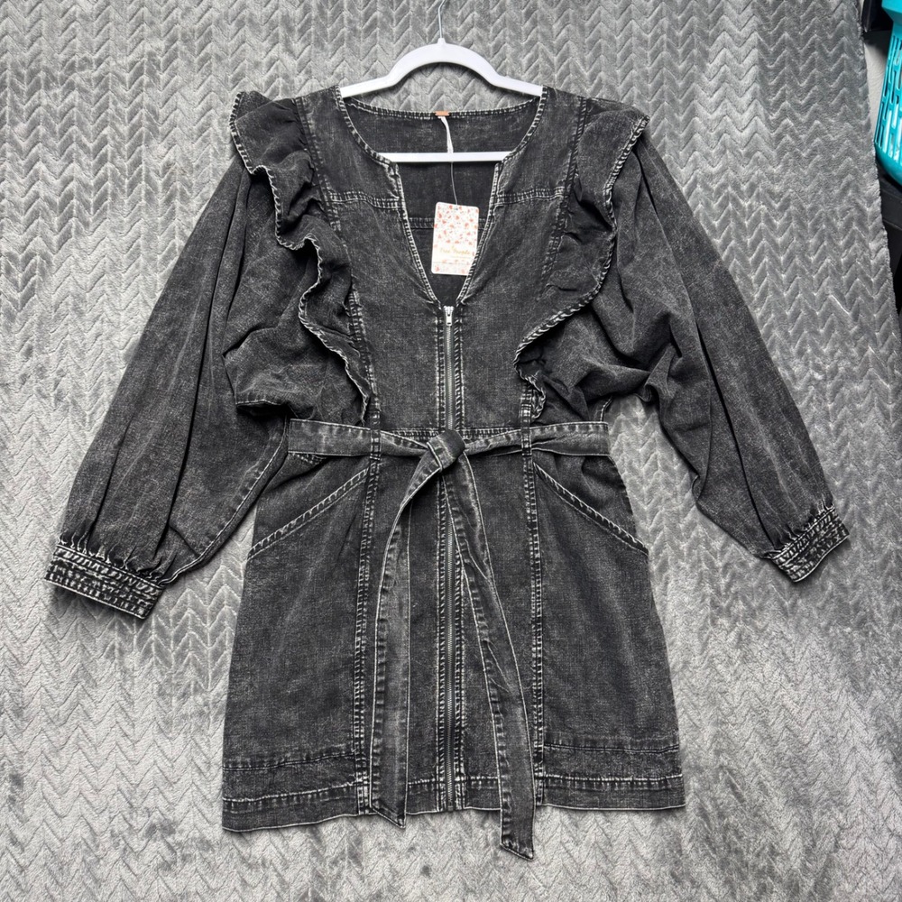 Free People Denim Mini Dress S Black Ruffle Zip Front Acid Wash OB1240758 (2064)